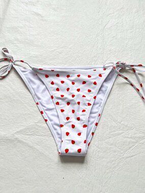 Betty Jade bikini bottoms Large strawberry print white red side tie fruit swim